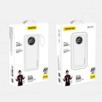 Dudao powerbanka 10000mAh USB-A / USB-C 22,5W s vestavěným Lightning kabelem a USB-C bílý (K15sW)