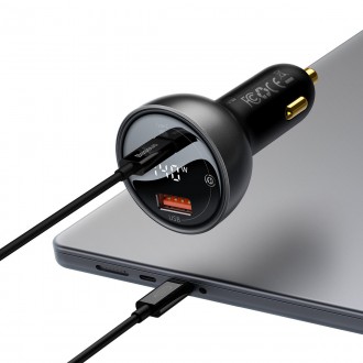 Baseus Digital Display Rychlá nabíječka do auta USB-A / USB-C PD3.1 140W černá + USB-C kabel Baseus Superior Series 5A 240W 1m černá (CGZX070001)