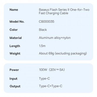 Baseus Flash Series Ⅱ Kabel pro rychlé nabíjení 2v1 USB-C – 2xUSB-C 100W 1,5m černý