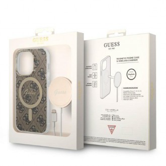 Set Guess GUBPP14XH4EACSW Case+ Charger iPhone 14 Pro Max 6,7" hnědé/hnědé pevné pouzdro 4G Print MagSafe