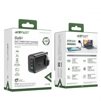 Acefast nabíječka GaN 65W 3 porty (1xUSB, 2xUSB C PD) UK zástrčka černá (A44)