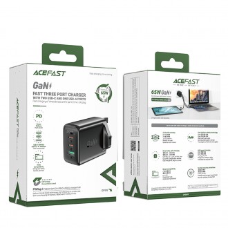 Acefast nabíječka GaN 65W 3 porty (1xUSB, 2xUSB C PD) UK zástrčka černá (A44)
