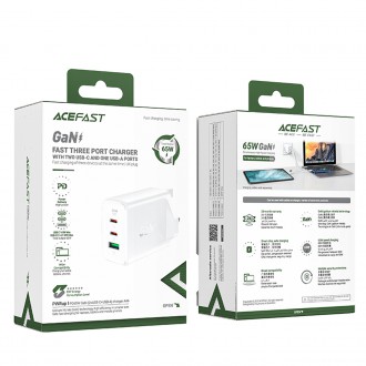 Acefast nabíječka GaN 65W 3 porty (1xUSB, 2xUSB C PD) UK zástrčka bílá (A44)