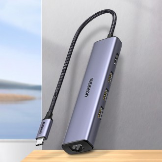 Ugreen adaptér konvertor HUB 5v1 USB C - 3x USB 3.0 / HDMI / RJ45 šedý (CM475)