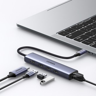 Ugreen adaptér konvertor HUB 5v1 USB C - 3x USB 3.0 / HDMI / RJ45 šedý (CM475)