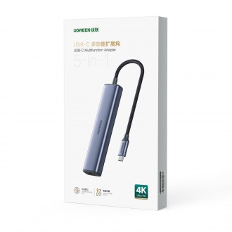 Ugreen adaptér konvertor HUB 5v1 USB C - 3x USB 3.0 / HDMI / RJ45 šedý (CM475)