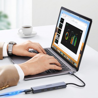 Ugreen adaptér konvertor HUB 5v1 USB C - 3x USB 3.0 / HDMI / RJ45 šedý (CM475)