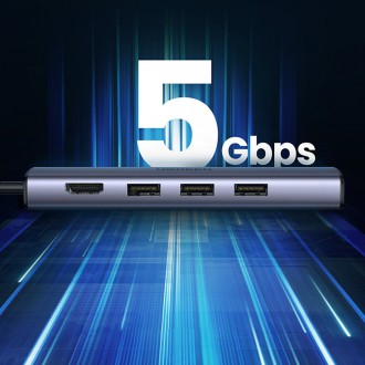 Ugreen adaptér konvertor HUB 5v1 USB C - 3x USB 3.0 / HDMI / RJ45 šedý (CM475)