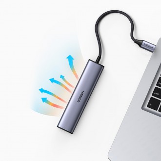 Ugreen adaptér konvertor HUB 5v1 USB C - 3x USB 3.0 / HDMI / RJ45 šedý (CM475)