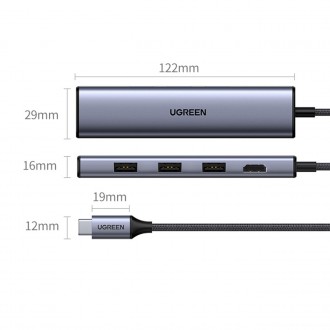 Ugreen adaptér konvertor HUB 5v1 USB C - 3x USB 3.0 / HDMI / RJ45 šedý (CM475)