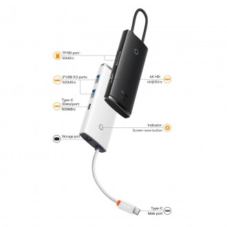 Baseus Lite Series multifunctional HUB USB Type C - 2 x USB 3.0 / USB Type C / HDMI 1,4 / SD / TF black (WKQX050001)