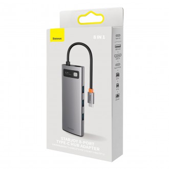 Baseus StarJoy HUB 8portový USB-C - 3x USB-A / 1x HDMI / 1x RJ45 / 1x SD/TF / 1x USB-C PD šedý