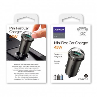 Joyroom mini dual port USB Type C / USB 45 W 5 A smart car charger Power Delivery Quick Charge 3.0 AFC SCP gray (C-A35)