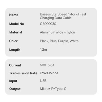 3v1 USB - micro USB / Lightning / USB C 3,5A 1,2m kabel Baseus StarSpeed - černý