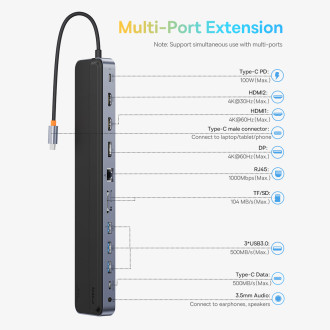 Baseus EliteJoy Gen2 univerzální USB HUB 12v1 s USB-C kabelem 25cm stojan na notebook USB-A / USB-C / DP / HDMI / SD / TF / RJ45 / 3,5 mm jack / PD 10