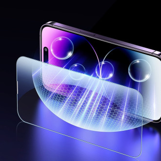 Tvrzené sklo Baseus pro celou obrazovku pro iPhone 14 Pro s filtrem proti modrému světlu a 0,3mm krytem reproduktoru + montážním rámečkem