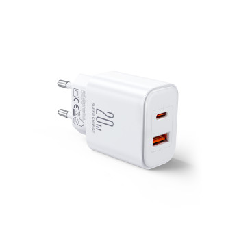 Joyroom JR-TCF05 20W USB-C / USB-A Rychlá dvouportová nástěnná nabíječka – bílá + USB-C – Lightning 1m