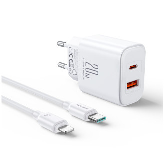 Joyroom JR-TCF05 20W USB-C / USB-A Rychlá dvouportová nástěnná nabíječka – bílá + USB-C – Lightning 1m