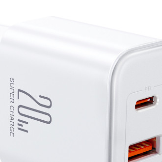 Joyroom JR-TCF05 20W USB-C / USB-A Rychlá dvouportová nástěnná nabíječka – bílá + USB-C – Lightning 1m