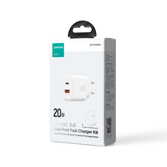 Joyroom JR-TCF05 20W USB-C / USB-A Rychlá dvouportová nástěnná nabíječka – bílá + USB-C – Lightning 1m