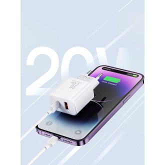 Joyroom JR-TCF05 20W USB-C / USB-A Rychlá dvouportová nástěnná nabíječka – bílá + USB-C – Lightning 1m