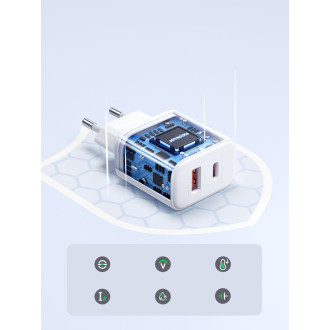 Joyroom JR-TCF05 20W USB-C / USB-A Rychlá dvouportová nástěnná nabíječka – bílá + USB-C – Lightning 1m
