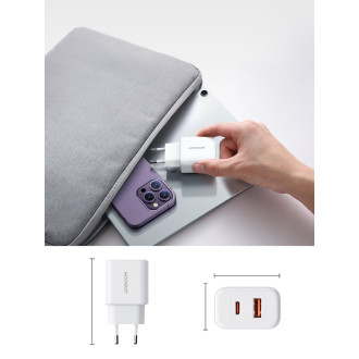 Joyroom JR-TCF05 20W USB-C / USB-A Rychlá dvouportová nástěnná nabíječka – bílá + USB-C – Lightning 1m