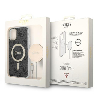 Set Guess GUBPN61H4EACSK pouzdro+nabíječka iPhone 11 6,1" černý/černý pevný obal 4G Print MagSafe