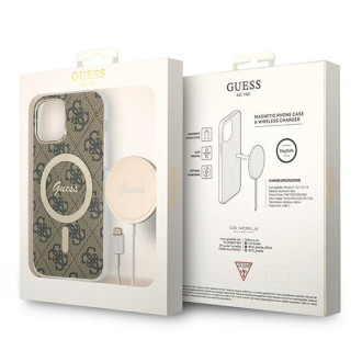 Set Guess GUBPP12MH4EACSW pouzdro+ nabíječka iPhone 12/12 Pro hnědé/hnědé pevné pouzdro 4G Print MagSafe