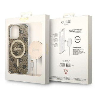 Set Guess GUBPP13LH4EACSW Case+ Charger iPhone 13 Pro hnědé/hnědé pevné pouzdro 4G Print MagSafe