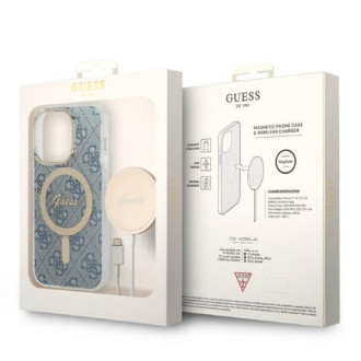 Set Guess GUBPP14LH4EACSB Case+ Charger iPhone 14 Pro 6,1" modrý/modrý pevný obal 4G Print MagSafe