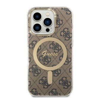 Set Guess GUBPP14LH4EACSW Case+ Charger iPhone 14 Pro 6,1" hnědé/hnědé pevné pouzdro 4G Print MagSafe