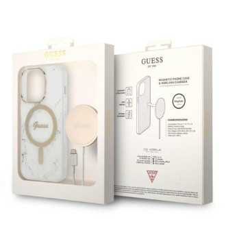 Set Guess GUBPP14LHMEACSH Case+ Charger iPhone 14 Pro 6,1" bílý/bílý pevný obal Marble MagSafe