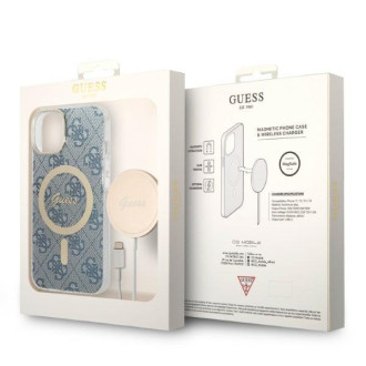 Set Guess GUBPP14MH4EACSB Case+ Charger iPhone 14 Plus 6,7" modrý/modrý pevný obal 4G Print MagSafe