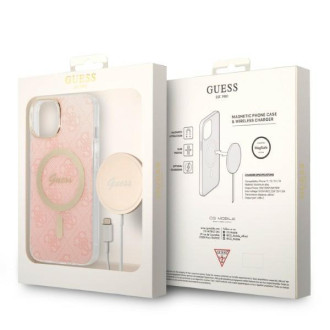 Set Guess GUBPP14MH4EACSP Case+ Charger iPhone 14 Plus 6,7" růžové/růžové pevné pouzdro 4G Print MagSafe