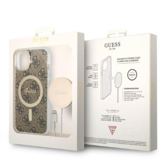 Set Guess GUBPP14MH4EACSW Case+ Charger iPhone 14 Plus 6,7" hnědé/hnědé pevné pouzdro 4G Print MagSafe