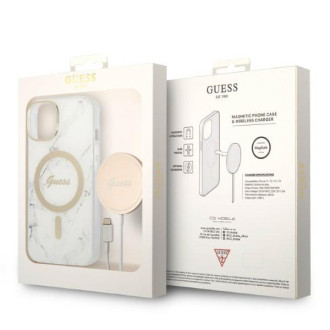 Set Guess GUBPP14SHMEACSH Case+ Charger iPhone 14 6,1" bílý/bílý pevný obal Marble MagSafe