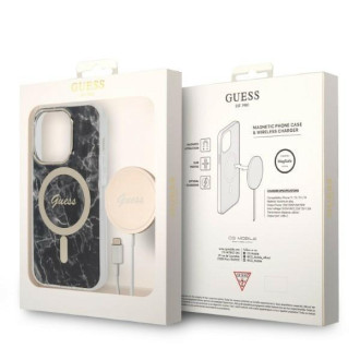 Set Guess GUBPP14XHMEACSK Case+ Charger iPhone 14 Pro Max 6,7" černo/černé pevné pouzdro Marble MagSafe