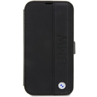 Pouzdro BMW BMBKP14X22RDPK iPhone 14 Pro Max 6,7&quot; černo/černá knihovna Leather Textured&amp;Stripe