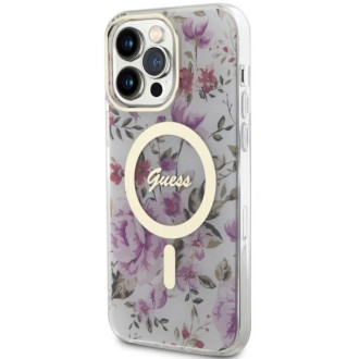 Guess GUHMP14LHCFWST iPhone 14 Pro 6,1" průhledný pevný obal Flower MagSafe