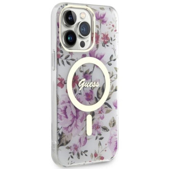 Guess GUHMP14LHCFWST iPhone 14 Pro 6,1" průhledný pevný obal Flower MagSafe