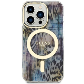 Guess GUHMP14LHLEOPWB iPhone 14 Pro 6,1" modro/modré pevné pouzdro Leopard MagSafe