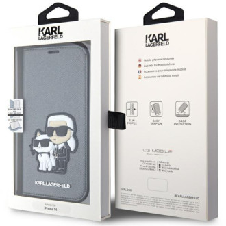 Karl Lagerfeld KLBKP14SSANKCPG iPhone 14 6,1&quot; knihovna stříbrná/stříbrná Saffiano Karl &amp; Choupette