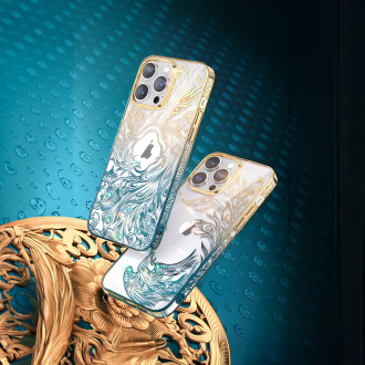 Luxusní obal na iPhone 14 Pro s krystaly Kingxbar Phoenix Crystals – zlatý a modrý