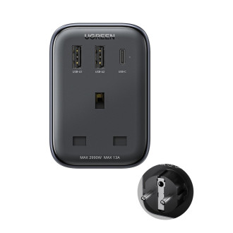 Nástěnná nabíječka 30W (2xUSB/USB C/AC) / UK - EU adaptér 13A Ugreen CD314 - černá