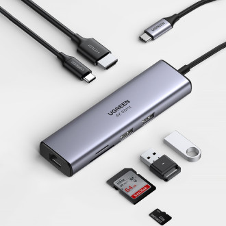 Multifunkční HUB 5v1 USB-C - HDMI 1.4 / 3 x USB-A / USB-C PD 100W Ugreen CM511 - šedý