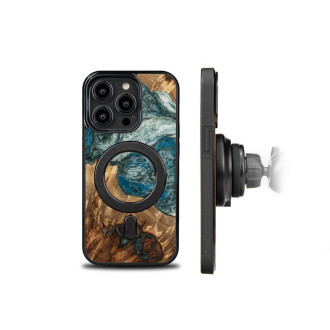 Dřevo a pryskyřice pouzdro pro iPhone 14 Pro MagSafe Bewood Unique Planet Earth – modro-zelené