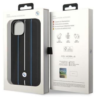 Pouzdro BMW BMHCP14S22RVSK iPhone 14 6,1" černé/černé pevné pouzdro Kožené razítko Blue Lines