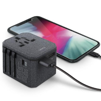 Uniq zatížení. síť. Adaptér Voyage World 33W + 2xUSB + PD 18W + QC 3.0 šedá/uhlově šedá (LITHOS Collective)