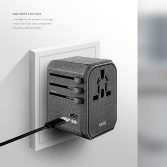 Uniq zatížení. síť. Adaptér Voyage World 33W + 2xUSB + PD 18W + QC 3.0 šedá/uhlově šedá (LITHOS Collective)